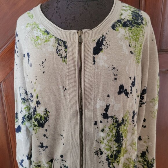 Eddie Bauer Womens Zip-Up Cardigan Sweater L Beige Blue Green Splatter Print - Picture 2 of 6